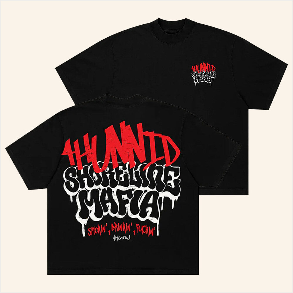 4Hunnid X Shoreline Mafia Hollywood Black T-Shirt 4Hunnid Merch Birthday Gift Ideas For Him