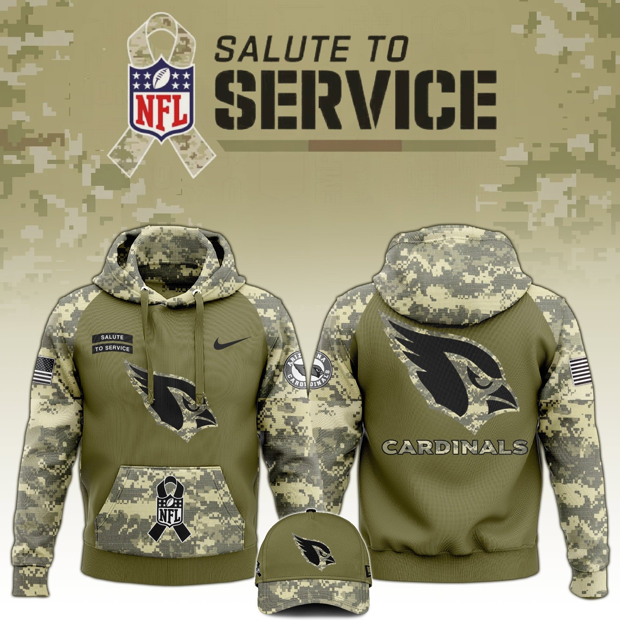 Arizona Cardinals Salute To Service Club  Edition Camo Hoodie And Hat Gift For Cardinals Fans