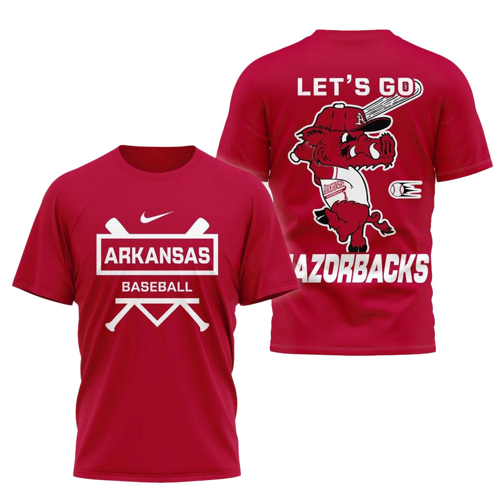 Arkansas Razorbacks Mascot Lets Go Baseball 2025 3D Shirt Arkansas Razorbacks Merch For Fans