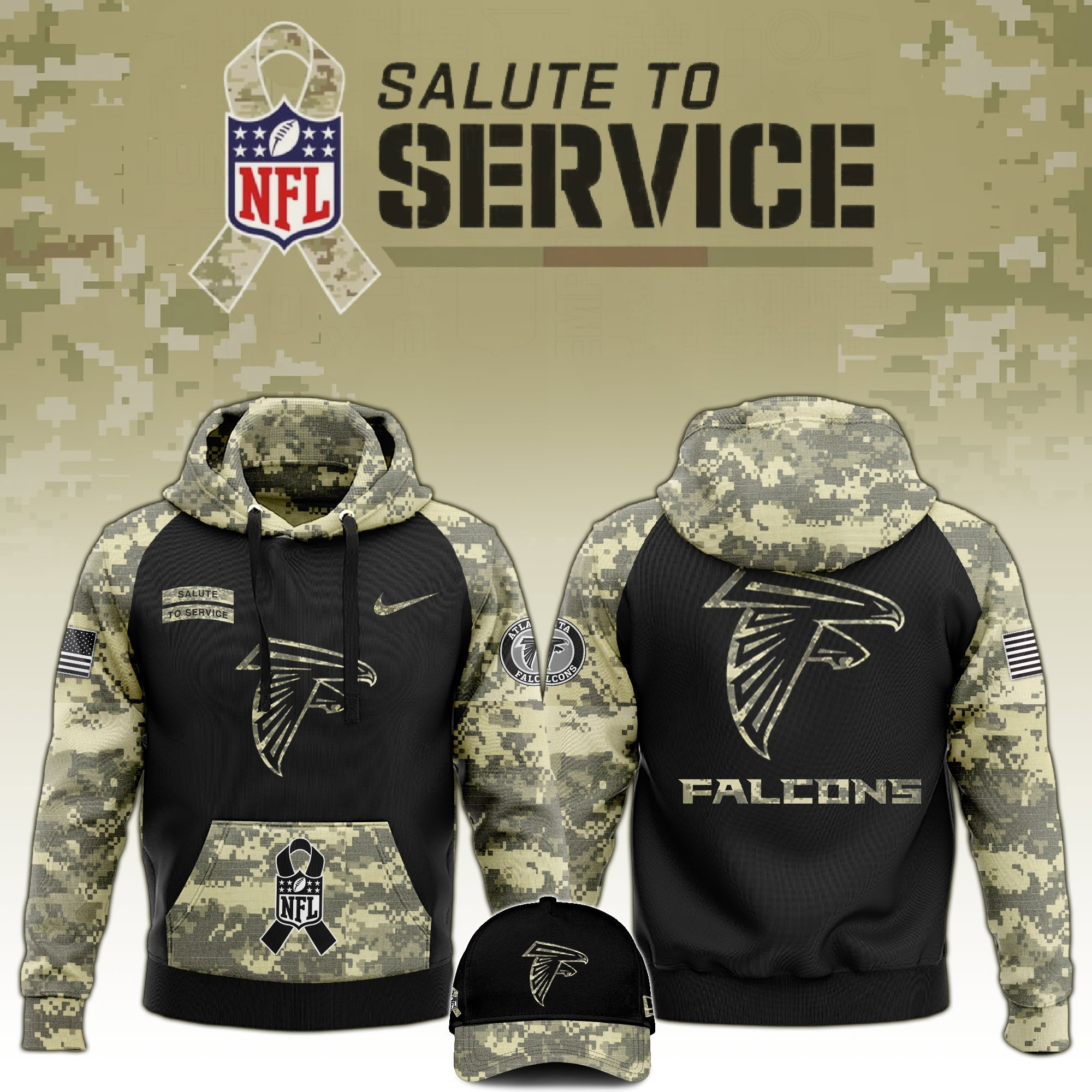 Atlanta Falcons Salute to Service Club  Camo Hoodie And Hat Best Gift For Falcons Lovers