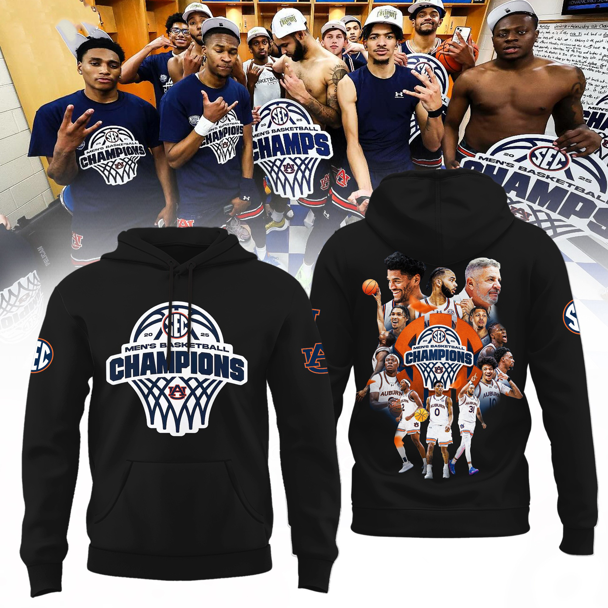 Auburn Tigers 2025 SEC Champions Hoodie MenÃ¢â‚¬â„¢s Basketball Championship Merch Clothing