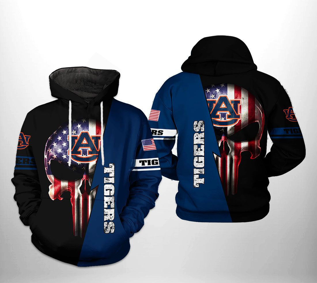 Auburn Tigers NCAA US Flag Skull Hoodie  Zip Hoodie