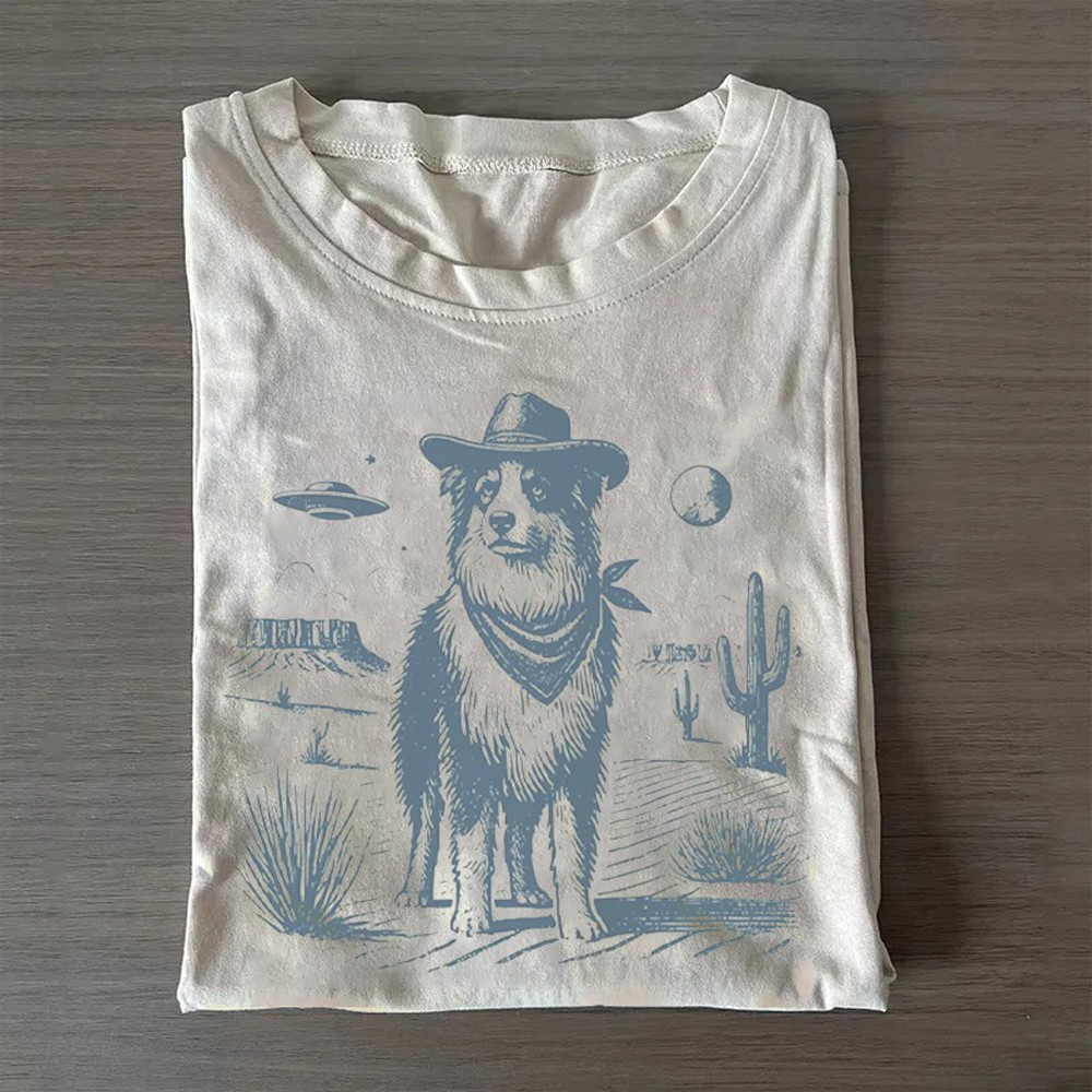 Australian Shepherd Retro UFO Western T-Shirt Gifts For Australian Shepherd Owners
