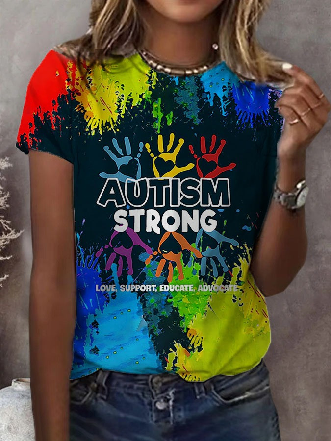 Autism Awareness Month Colorful T-Shirt Womens Hand Print Support Autism Clothing Gifts
