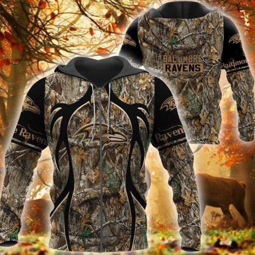 Baltimore Ravens Hunting Camo Zip Football 3D printed Sweatshirt Hoodie Zipped Hoodie
