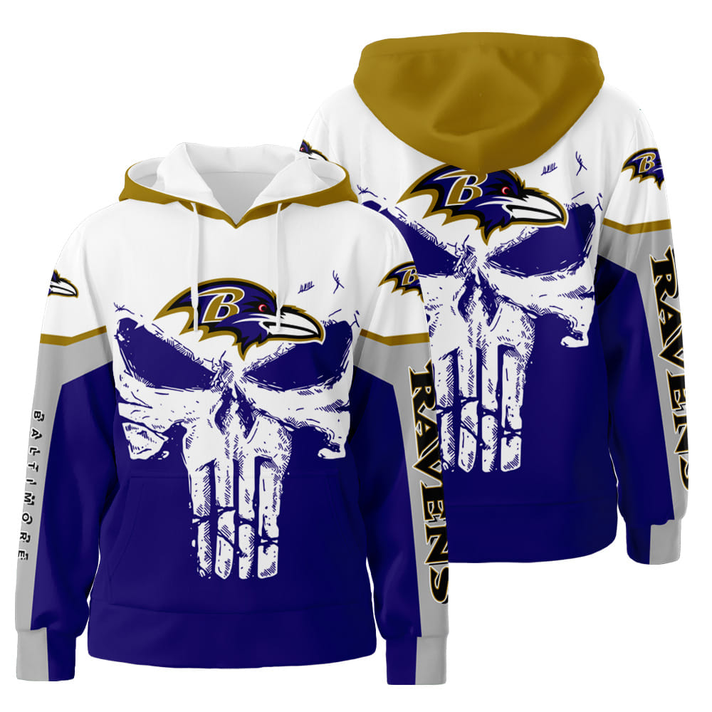 Baltimore Ravens White Skull 3D All Over Print Hoodie Zip-Up Hoodie