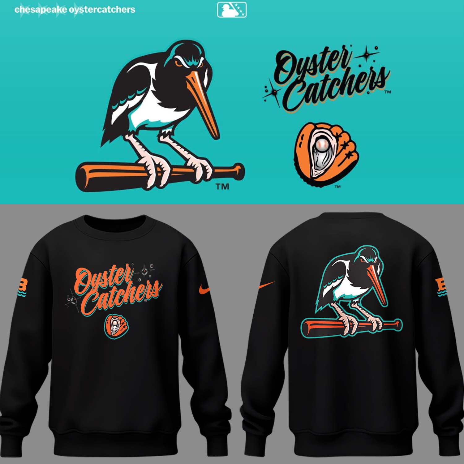 Baysox Baseball the Oyster Catchers Black Sweatshirt Baseball Mom Gifts