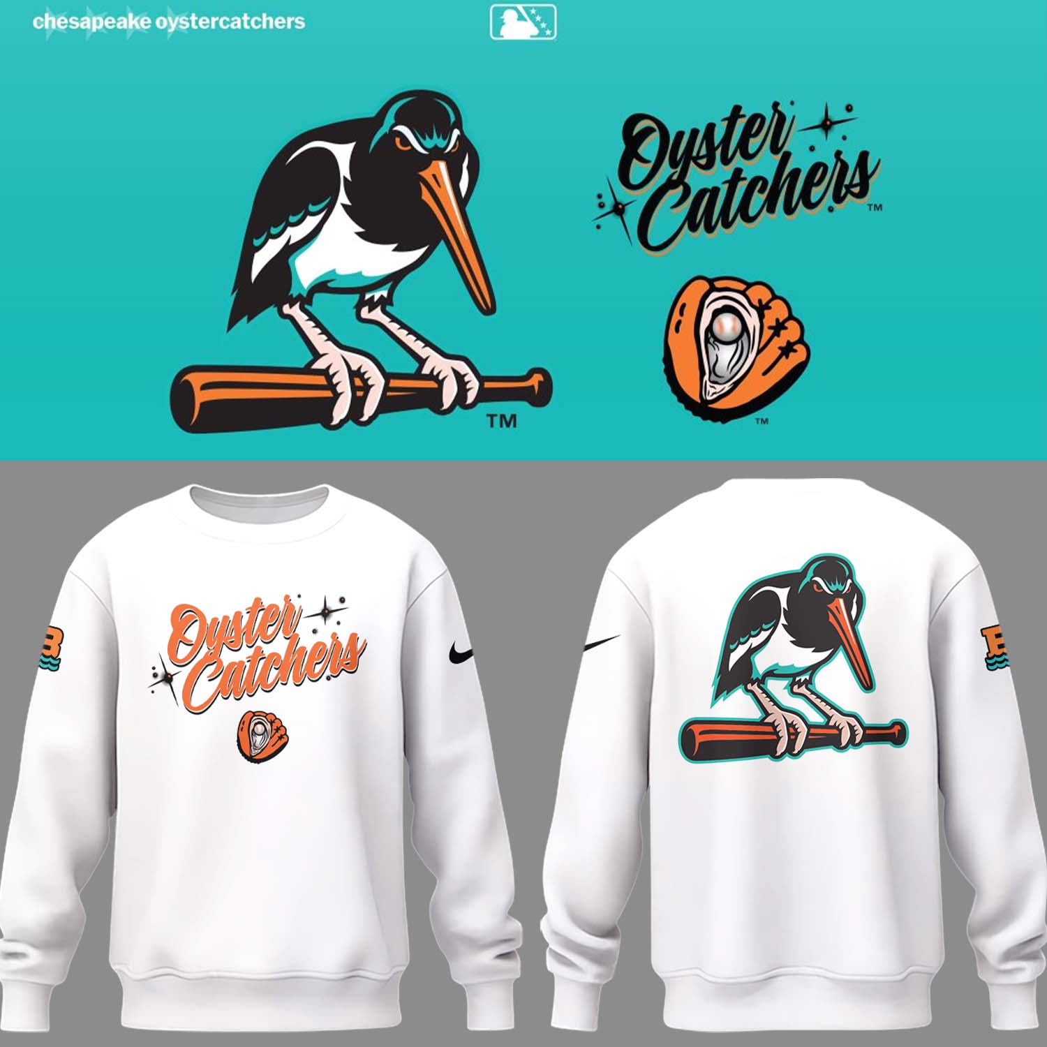 Baysox Baseball the Oyster Catchers White Sweatshirt Baseball Coach Gift Ideas