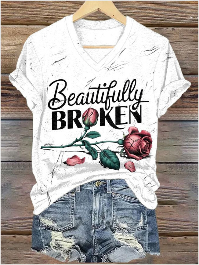 Beautifully Broken Rose V-neck Shirt Country Music Lover Jelly Roll Fans Birthday Gift Merch