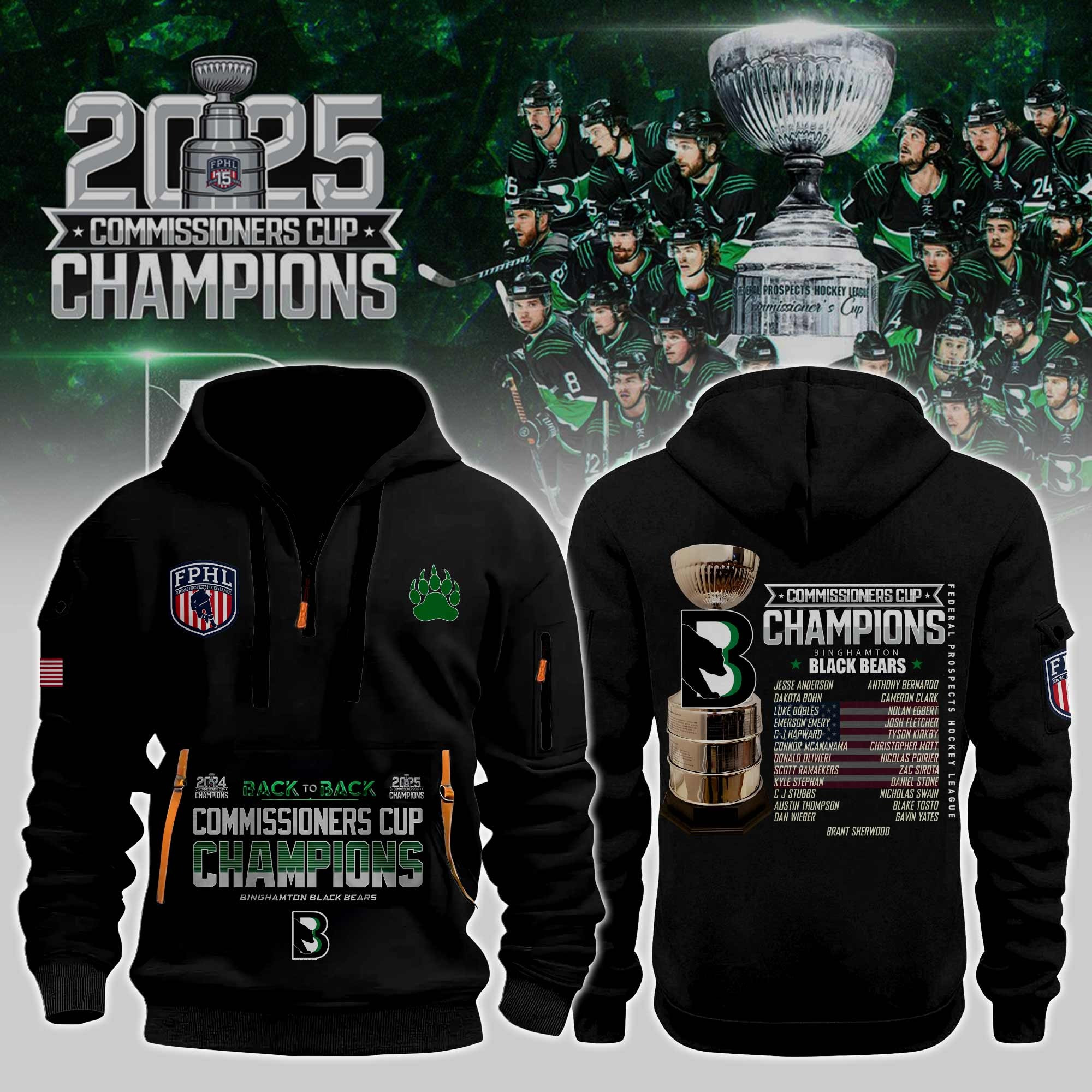 Binghamton Black Bears Champions CommissionerÃ¢â‚¬â„¢s Cup 2025 Half Zip Hoodie Gifts For Hockey Fan
