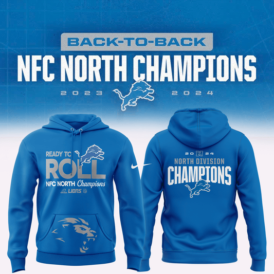 Blue Detroit Lions 2024 NFC North Division Champions Locker Room Trophy Hoodie Fans Gifts