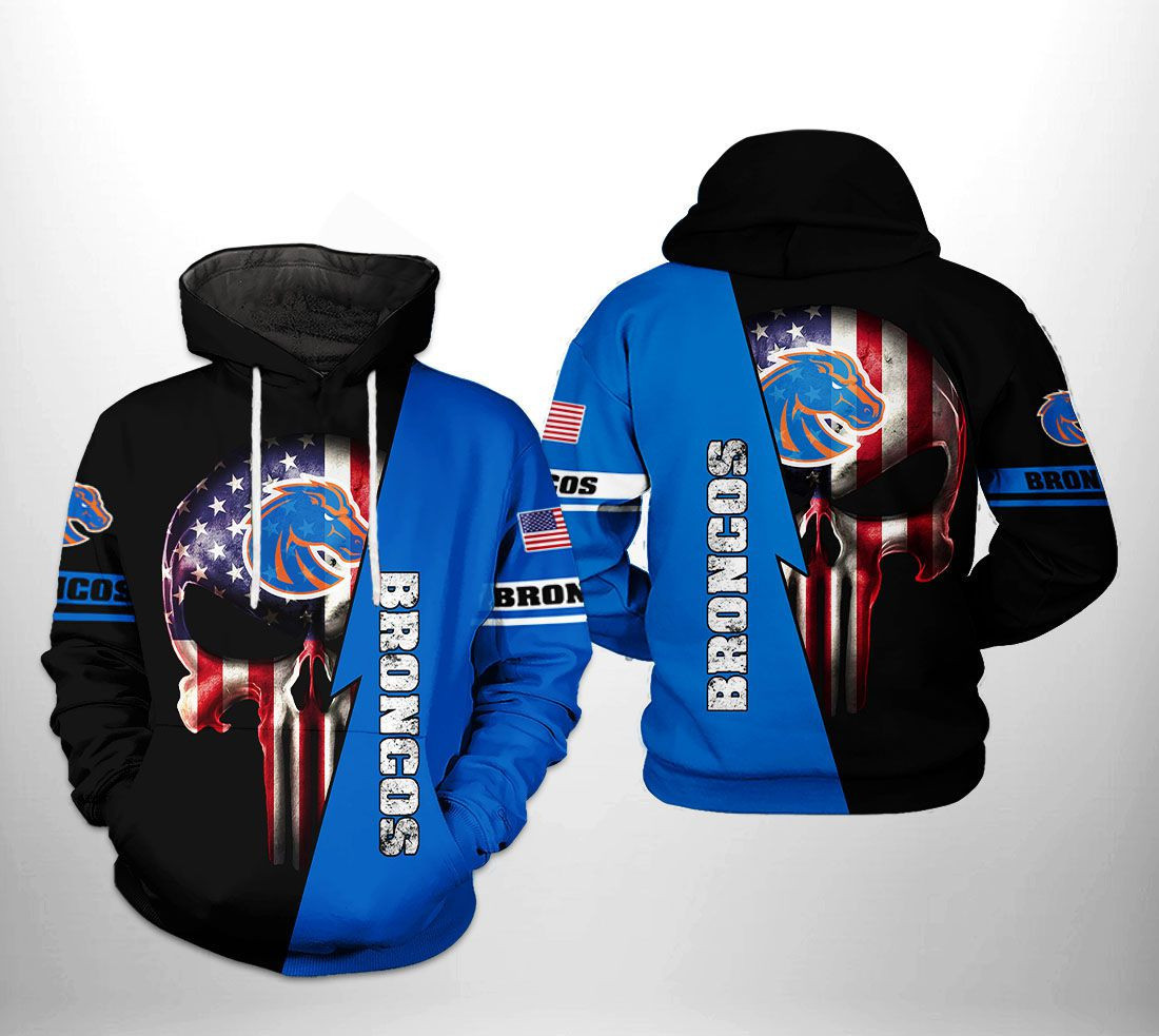 Boise State Broncos NCAA US Flag Skull Hoodie  Zip Hoodie