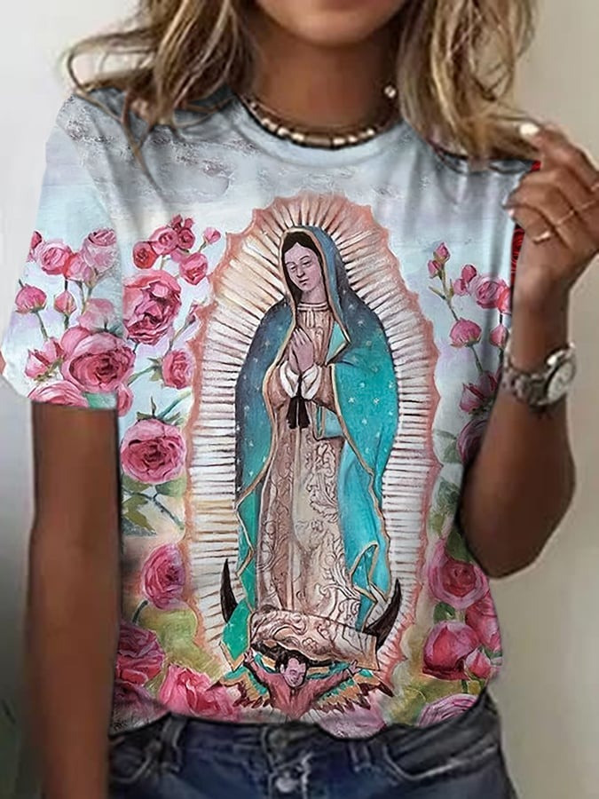 Catholic Virgin Mary Shirt Womens Floral Print Faith Christian Mother Mary Gifts For Her