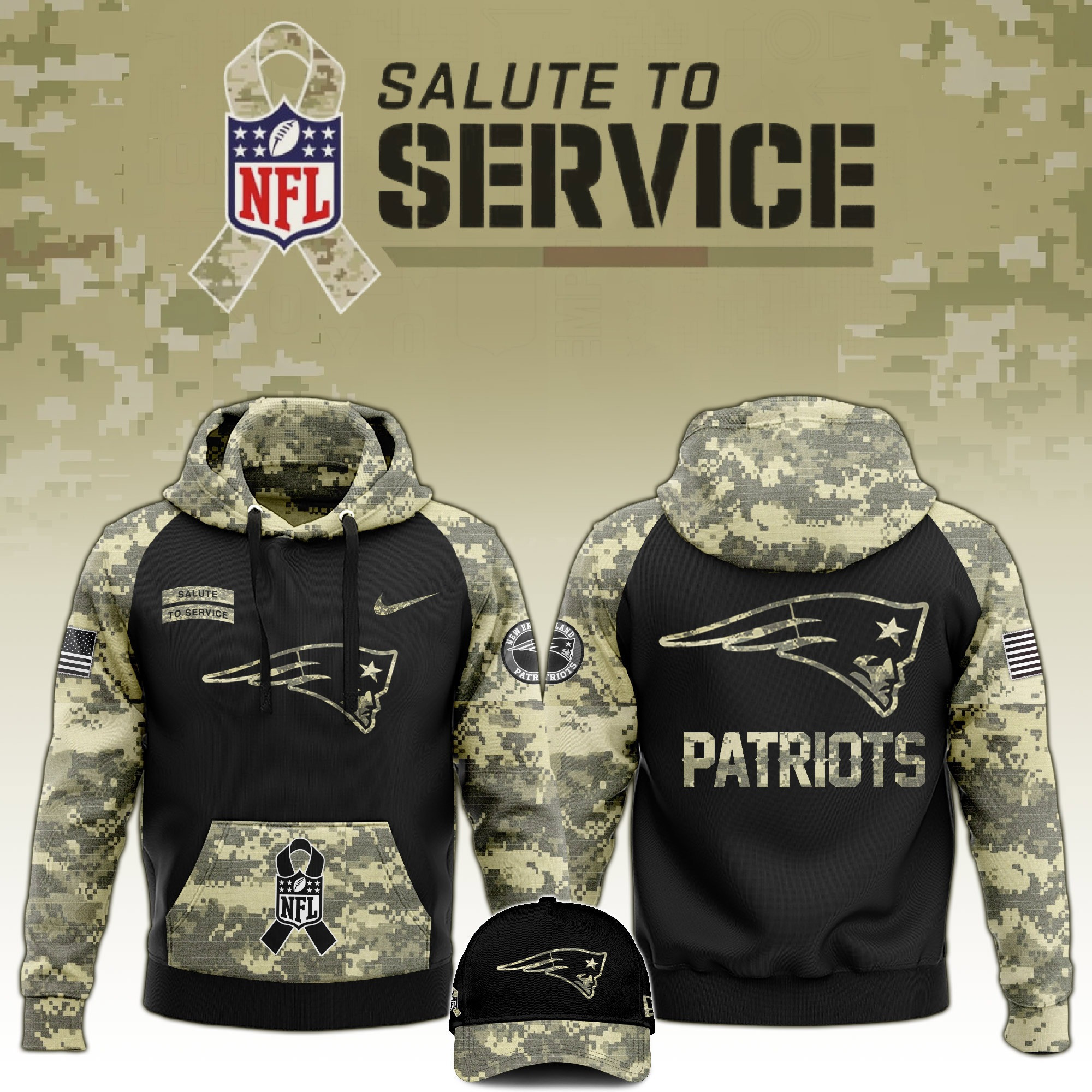 New England Patriots Salute to Service Club  Camo Hoodie And Hat NFL Fan Merch