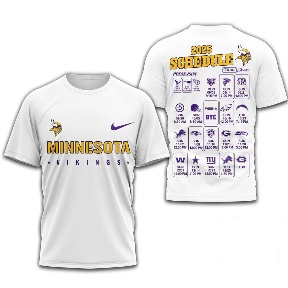 NFL Minnesota Vikings 2025 Schedule 2025 White Shirt Minnesota Vikings Merch Gifts For Fans