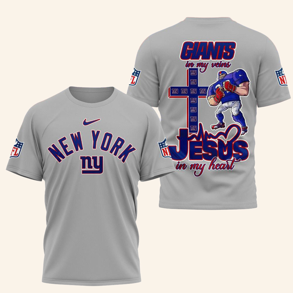 NFL New York Giants Jesus In My Veins In My Heart Shirt New York Giants Merch Gifts For Dad