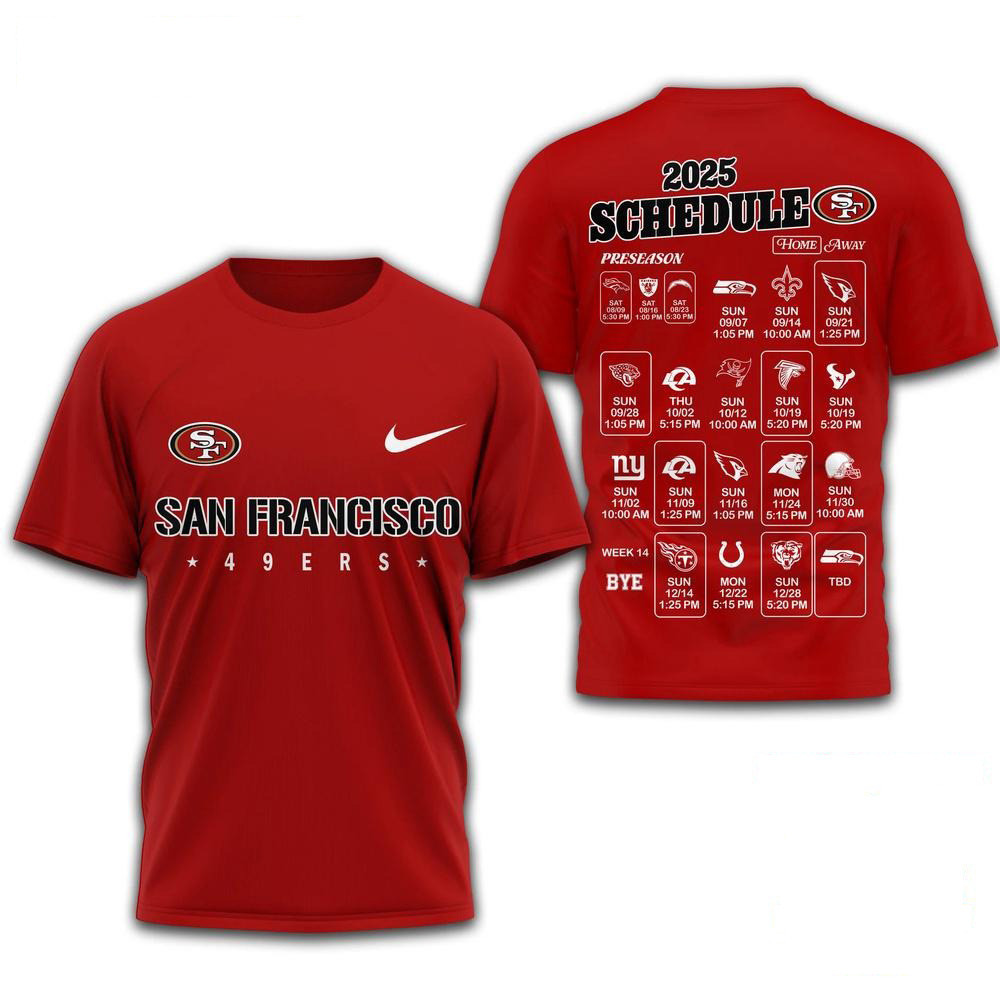 NFL San Francisco 49Ers 2025 Schedule 2025 Red Shirt 49Ers Merch Presents For Football Lovers