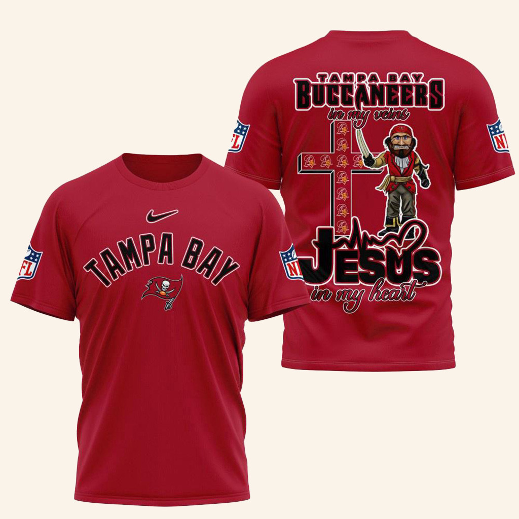NFL Tampa Bay Buccaneers Jesus In My Veins In My Heart Shirt Buccaneers Merch Gifts For Fans