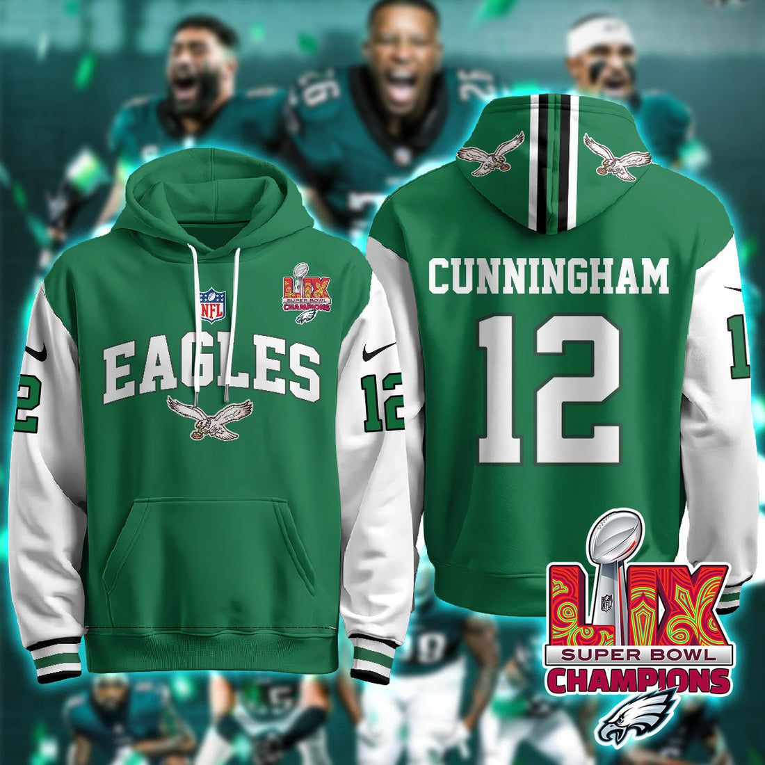 Philadelphia Eagles Cunningham 12 Super Bowl LIX Champions Green Alternate Hoodie