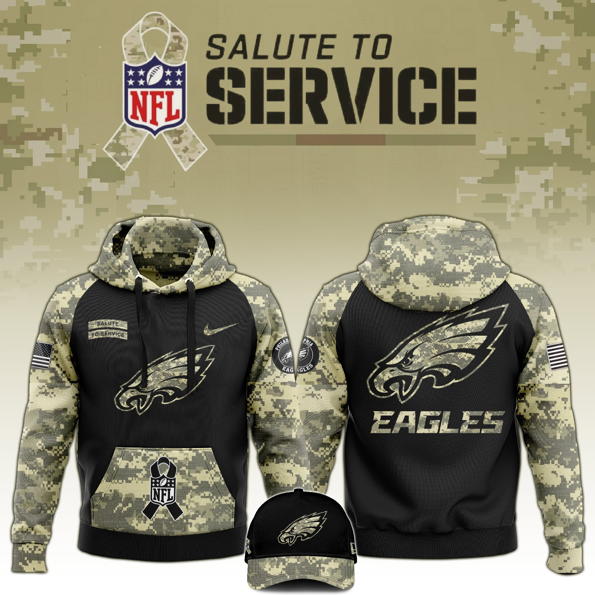 Philadelphia Eagles Salute to Service Club  Camo Hoodie And Hat Best Eagles Merch