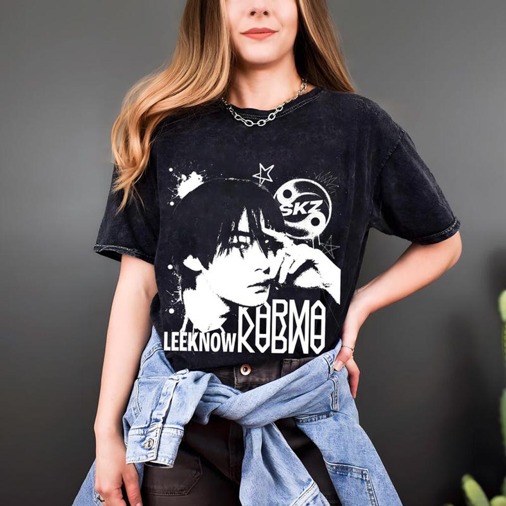 Retro Stray Kids LeeKnow Ceremony Washed Shirt Stray Kids Karma Mineral Washed Shirt SKZ