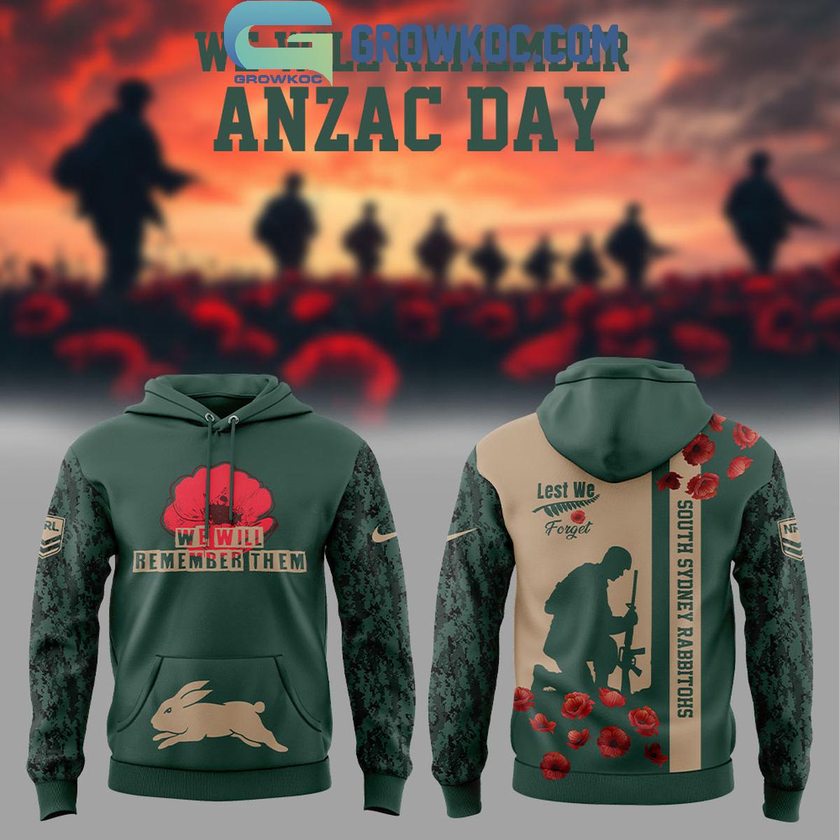 South Sydney Rabbitohs We Will Remember Anzac Day Hoodie T Shirt