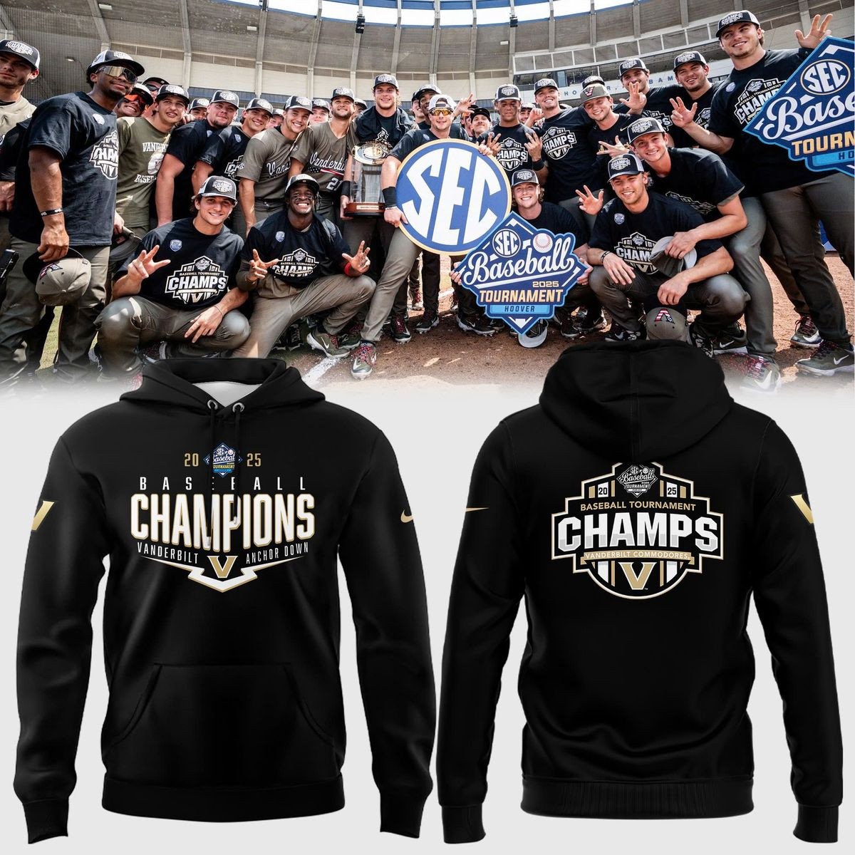 Special New Black 2025 Sec Baseball Conference Tournament Champions Hoodie Baseball Player Gift Ideas