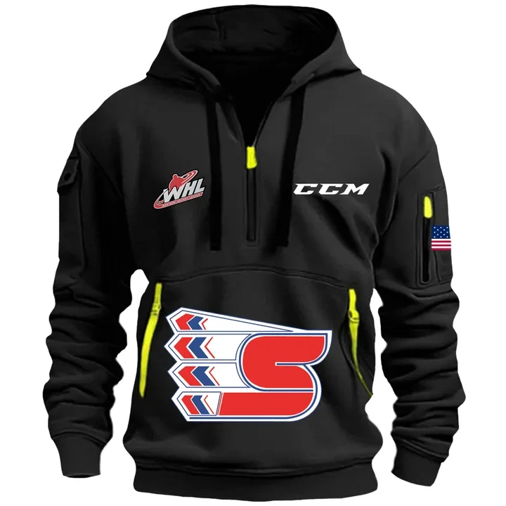Spokane Chiefs Black Hoodie Half Zipper Birthday Gifts For Hockey Fans