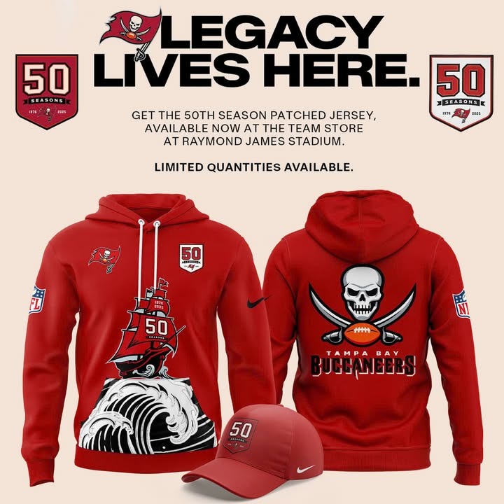 Tampa Bay Buccaneers Celebrate The Legacy Of 50 Seasons 2025 Hoodie Buccaneers Merch Unique Football Gifts For Fans
