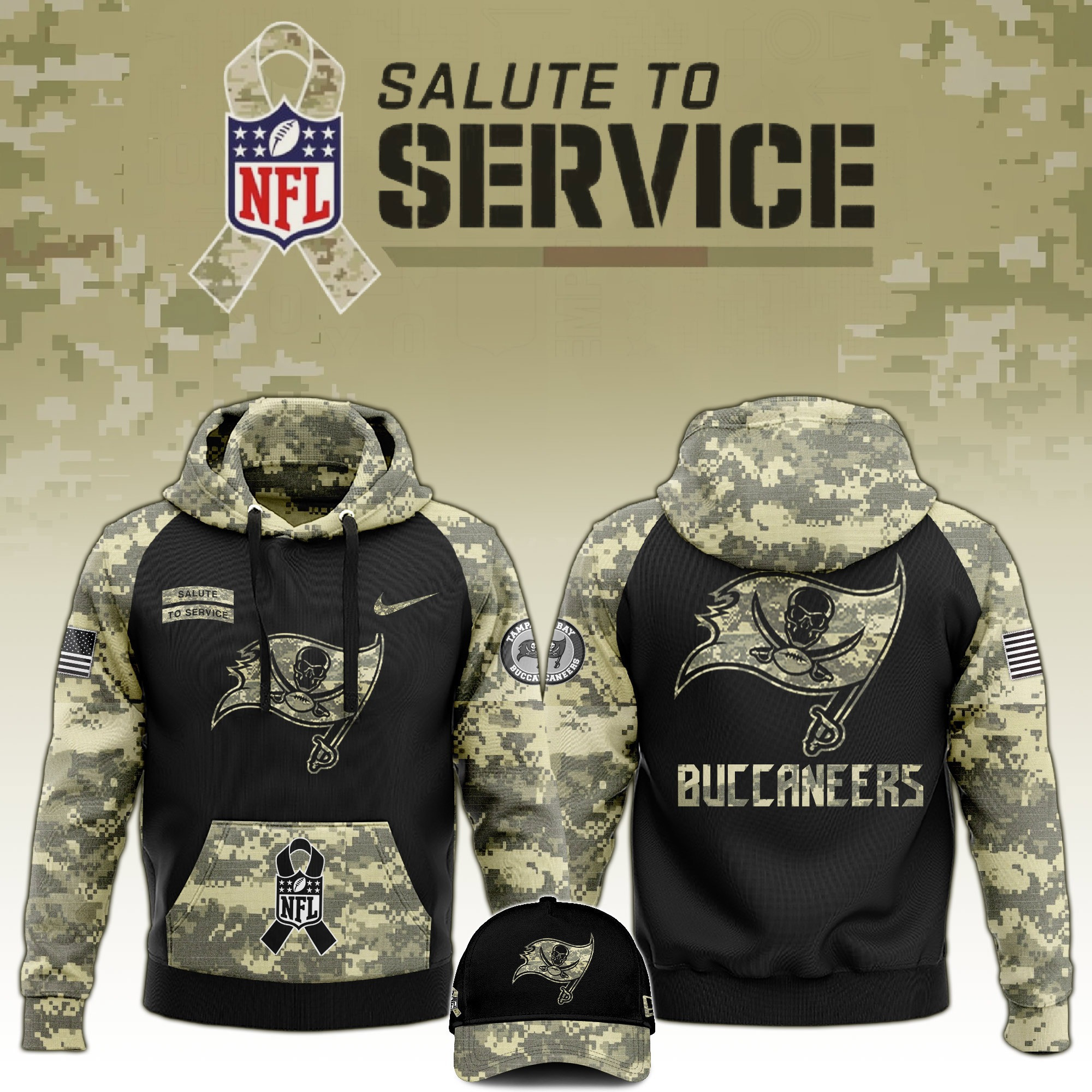 Tampa Bay Buccaneers Salute to Service Club  Camo Hoodie And Hat Perfect Gift For Dad
