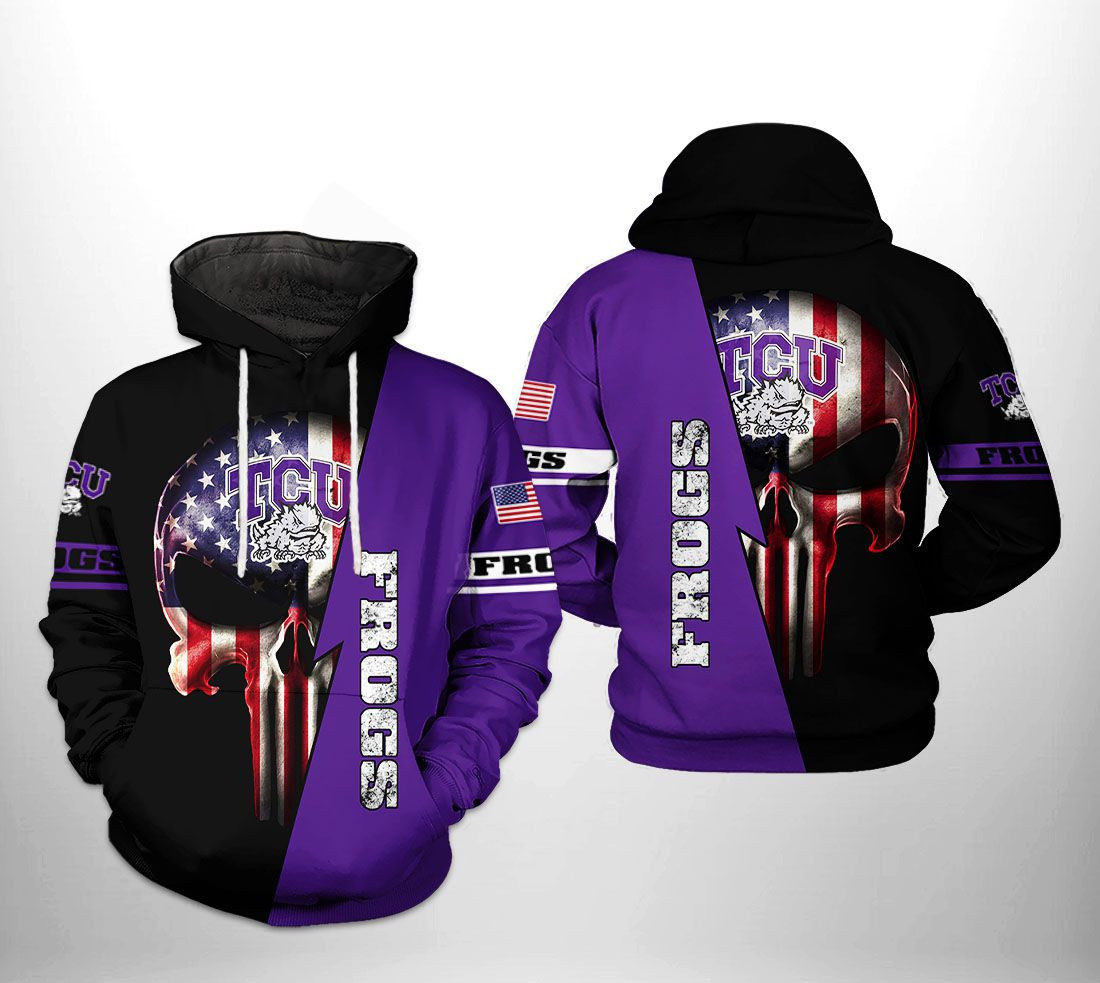 Tcu Horned Frogs NCAA US Flag Skull Hoodie  Zip Hoodie
