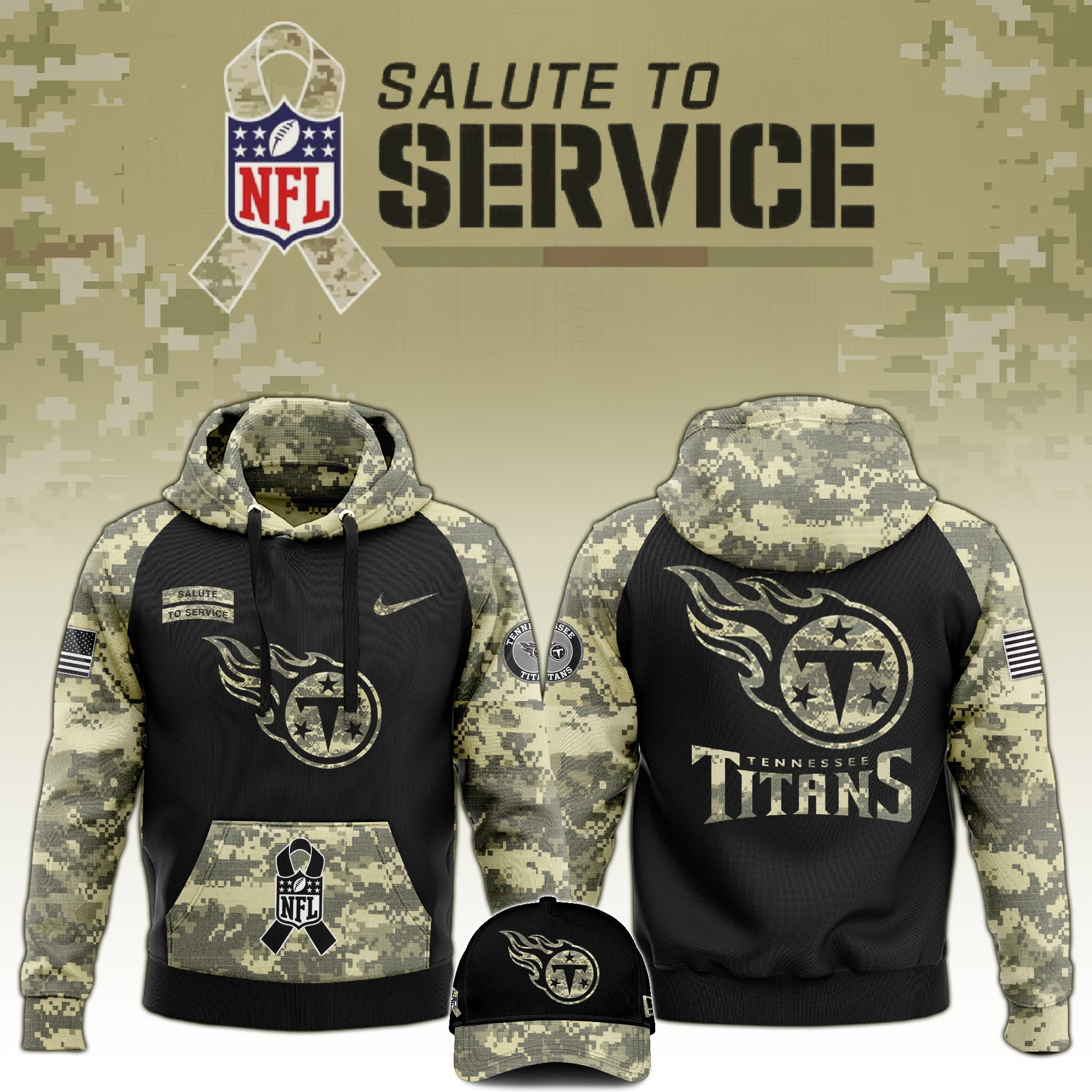 Tennessee Titans Salute to Service Club  Camo Hoodie And Hat Best FatherÃ¢â‚¬â„¢s Day Gift