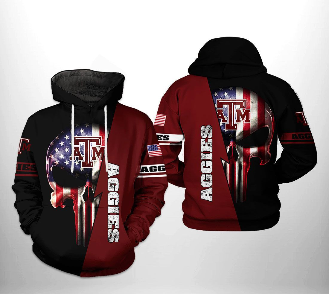 Texas AM Aggies NCAA US Flag Skull Hoodie  Zip Hoodie