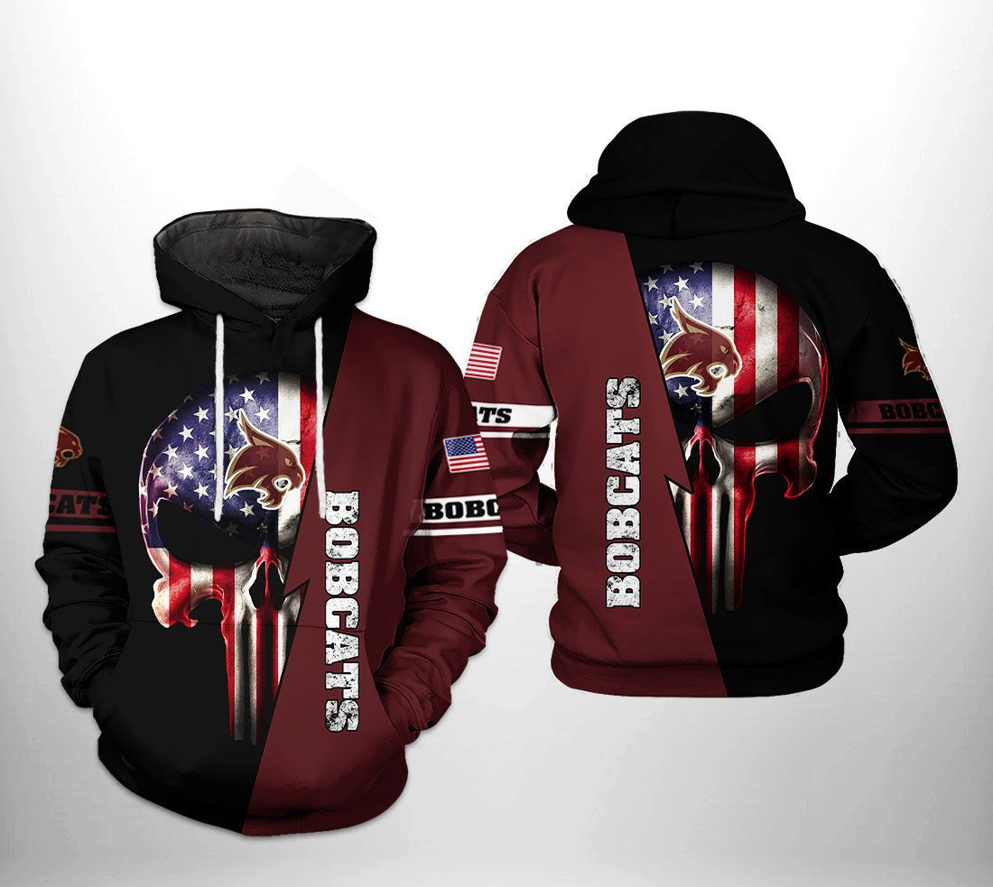 Texas State Bobcats NCAA US Flag Skull Hoodie  Zip Hoodie