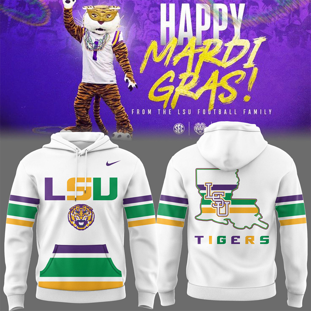 Tigers NCAA 2025 Mardi Gras 2025 White Hoodie
