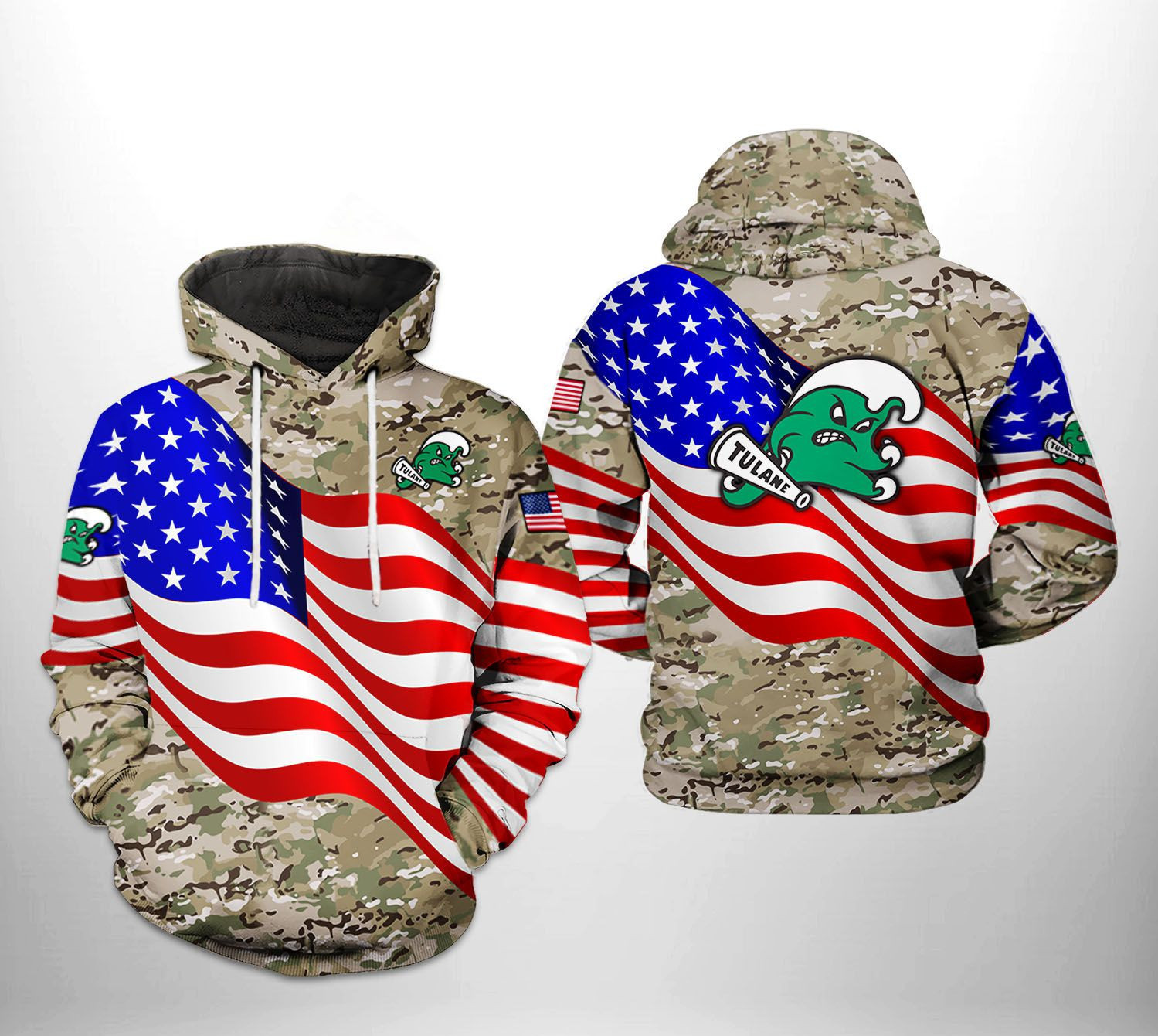 Tulane Green Wave NCAA US Flag Camo Veteran Hoodie  Zip Hoodie