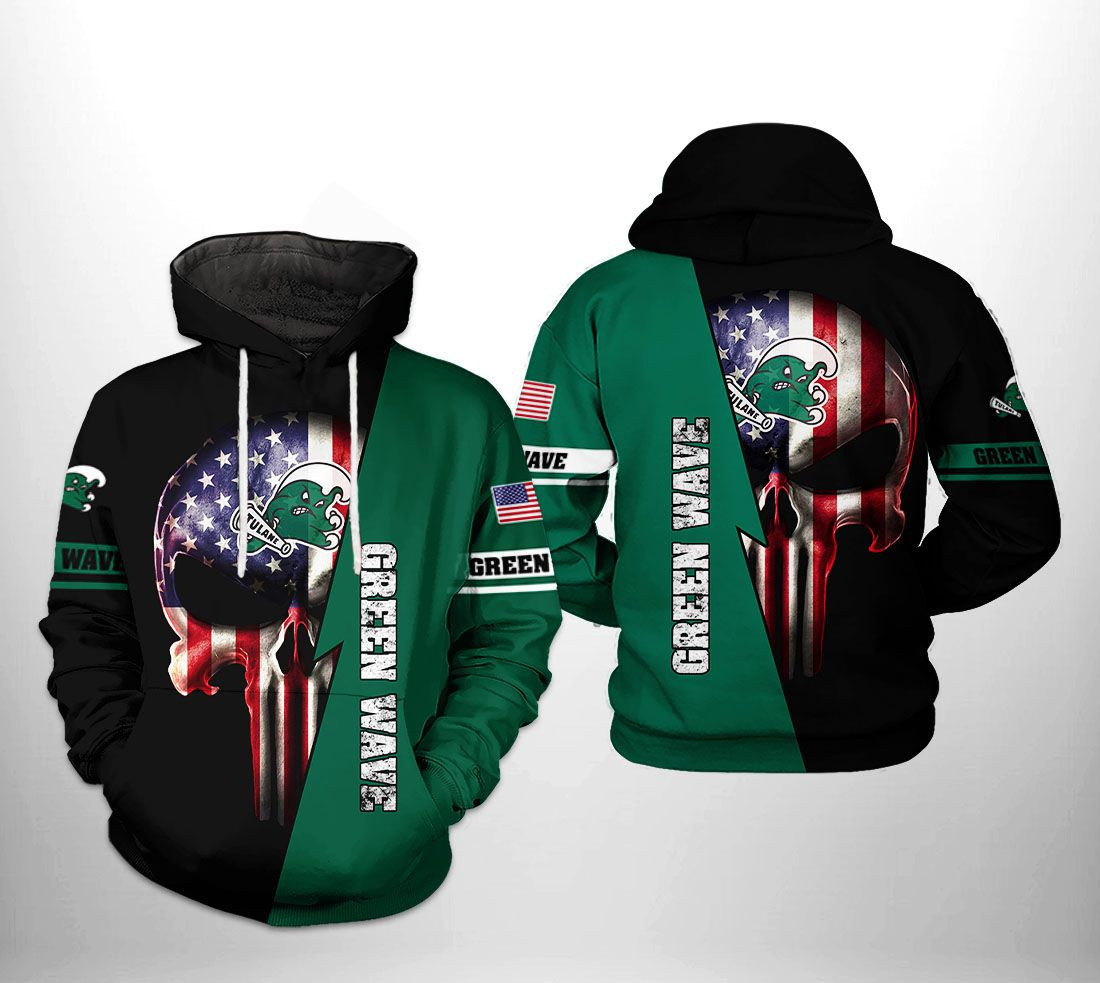 Tulane Green Wave NCAA US Flag Skull Hoodie  Zip Hoodie