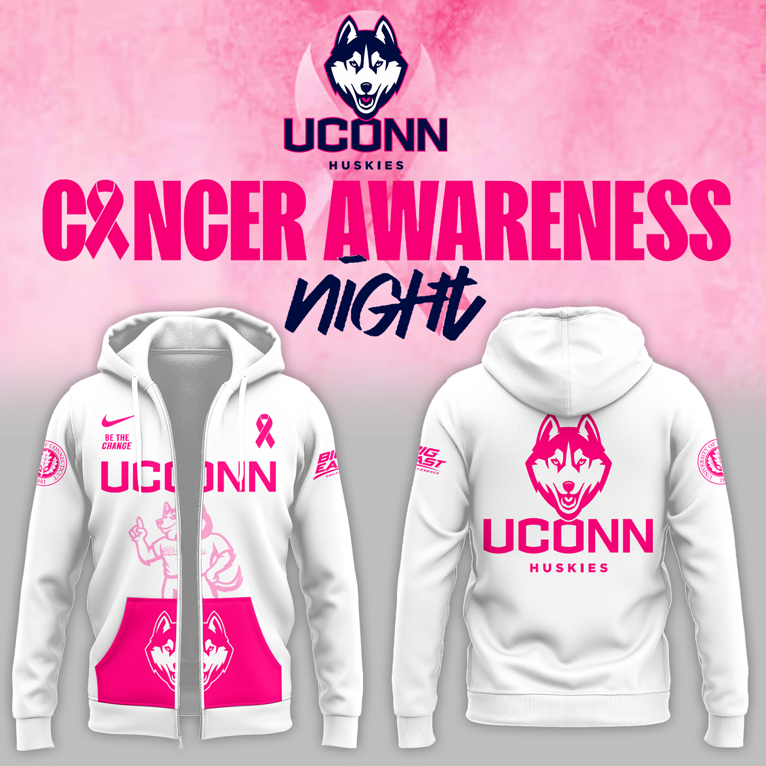 Uconn Basketball X Fight Night Cancer Zip Hoodie 2025 Gifts For Basketball Teammates