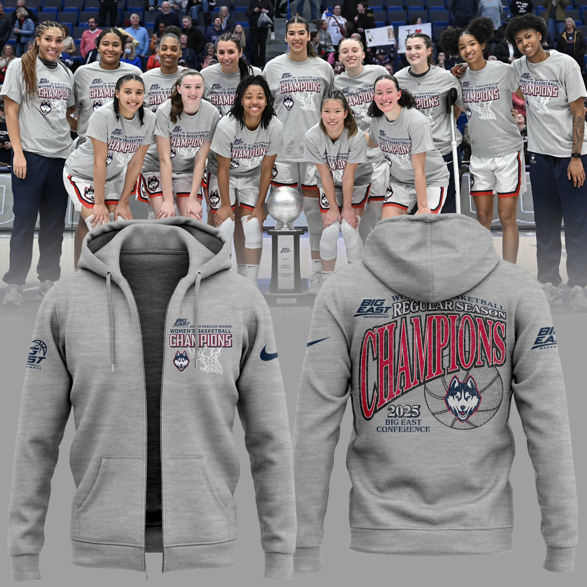 Uconn WomenÃ¢â‚¬â„¢s Basketball 2025 Big East Champions Zip Hoodie Great Gifts For Basketball Players
