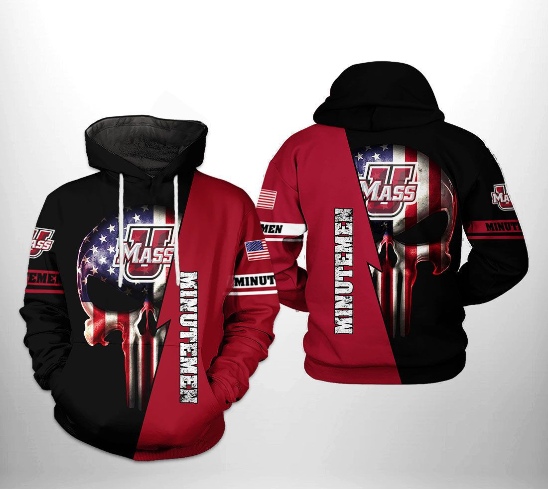 UMass Minutemen NCAA US Flag Skull Hoodie  Zip Hoodie