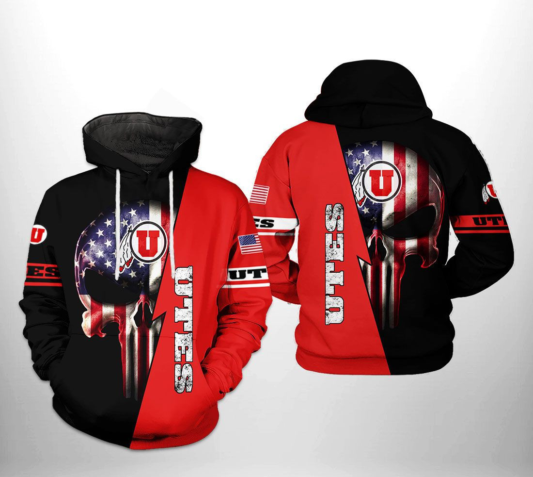 Utah Utes NCAA US Flag Skull Hoodie Zip Hoodie