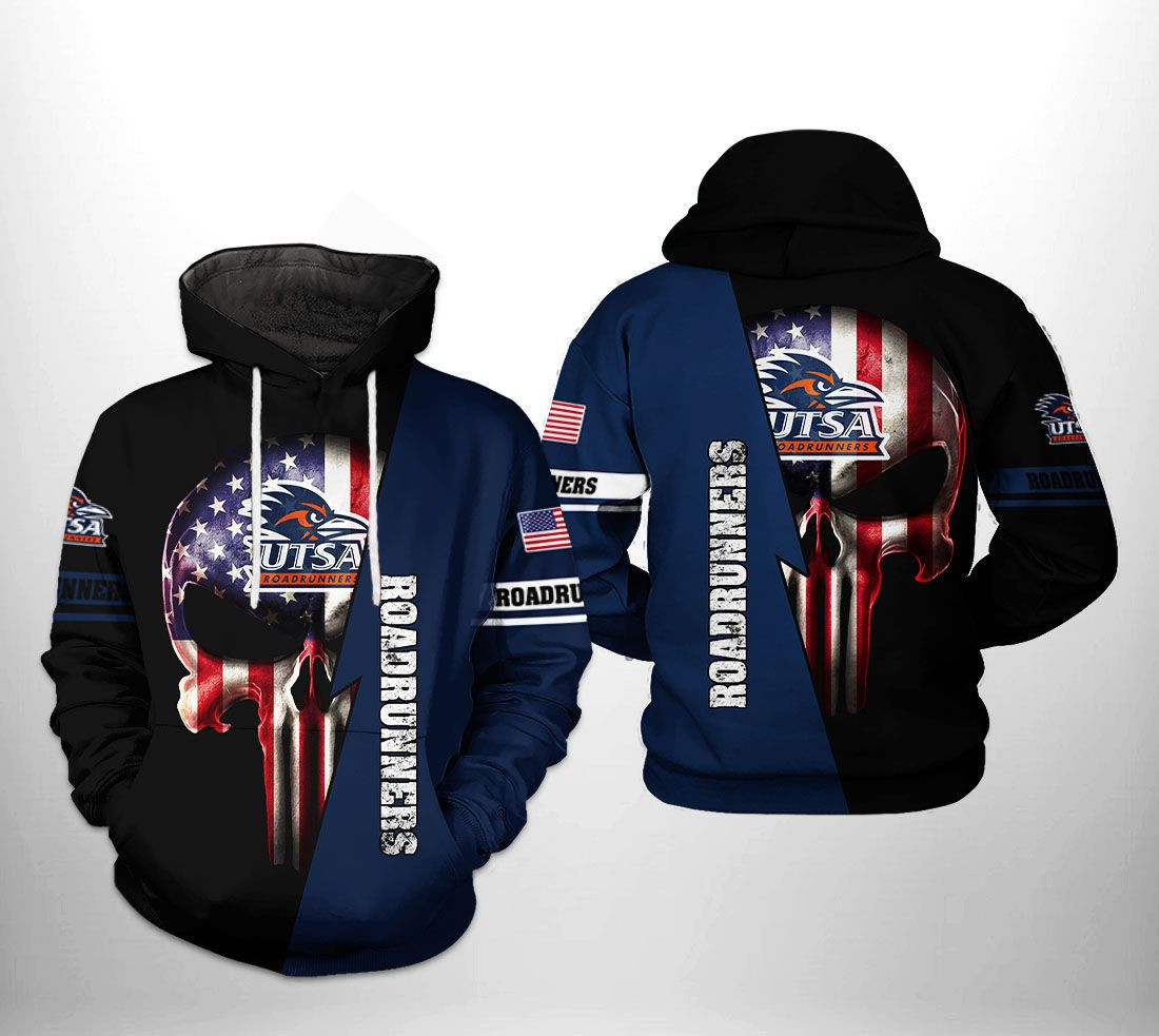 UTSA Roadrunners NCAA US Flag Skull Hoodie  Zip Hoodie
