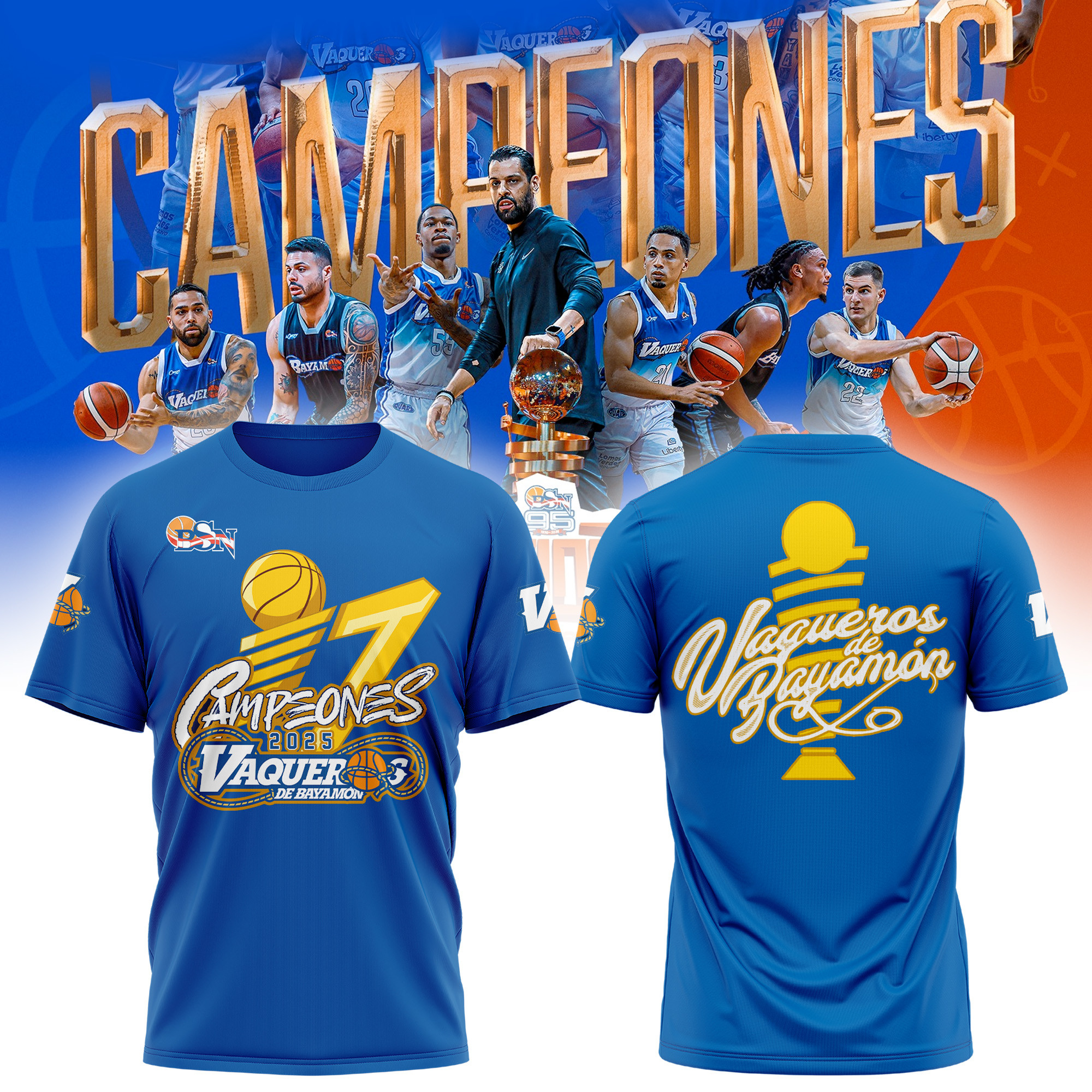 Vaqueros De Bayamon 17 Campeones BSN Blue T-shirt Senior Gifts For Basketball Players