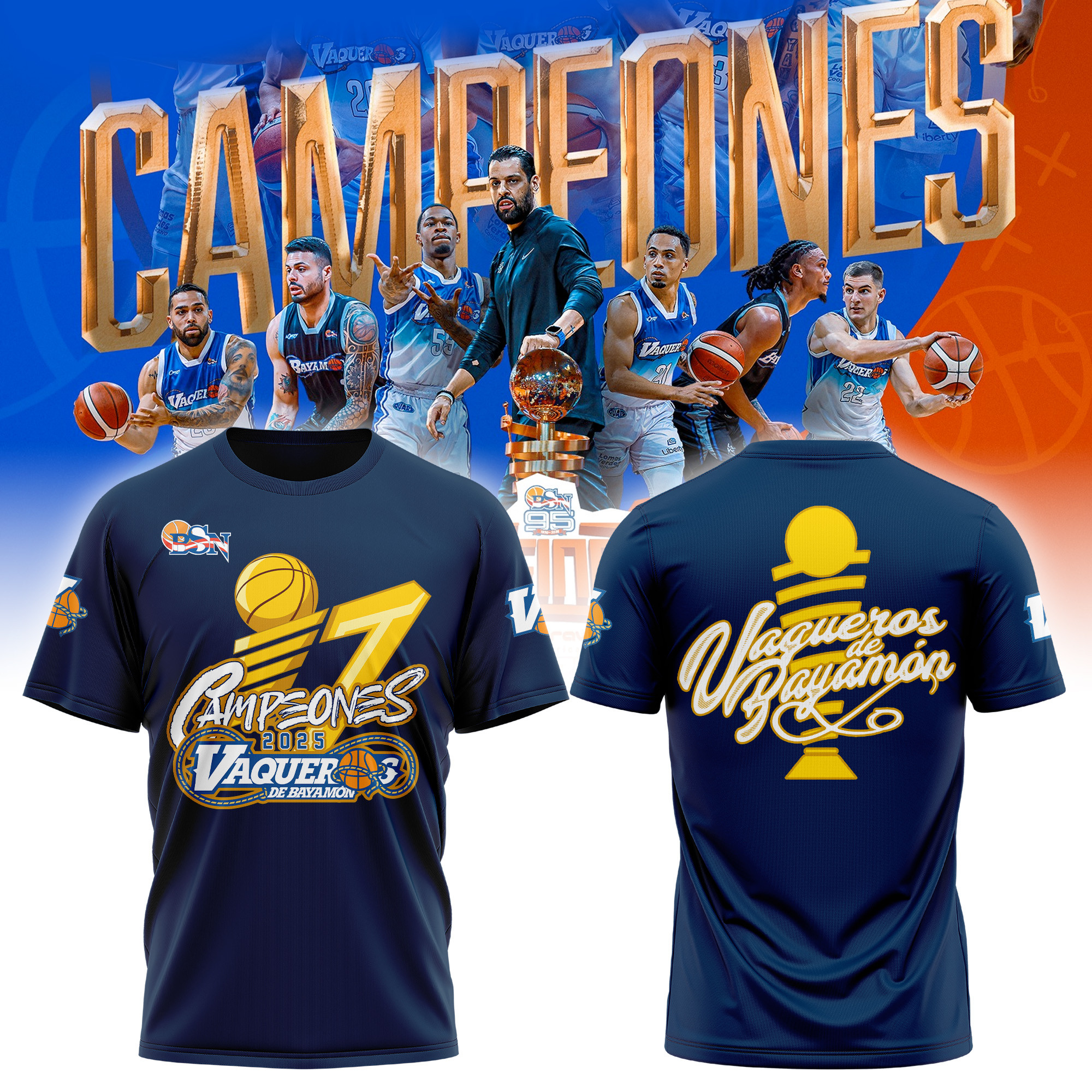 Vaqueros De Bayamon 17 Campeones BSN Navy T-shirt Gifts For Basketball Teammates