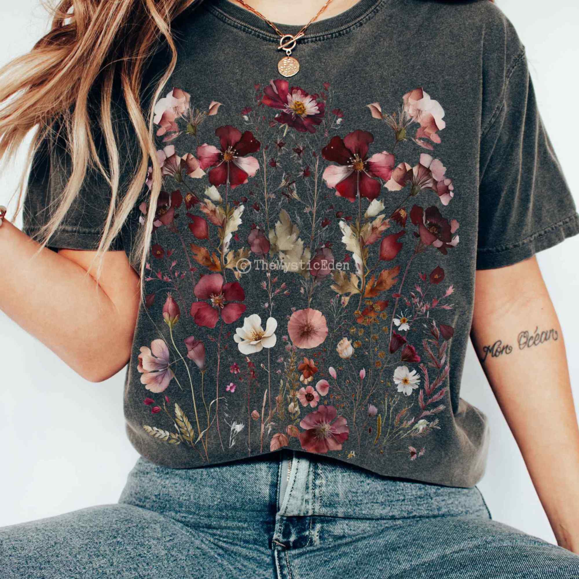 Vintage Maroon Pressed Flowers T-Shirt Gift For Girl