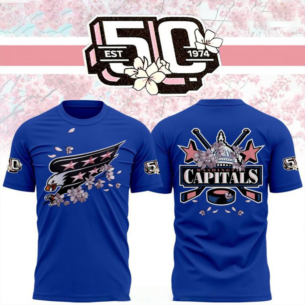 Washington Capitals 50th Anniversary Cherry Blossom Blue T-Shirt Gifts For Husband