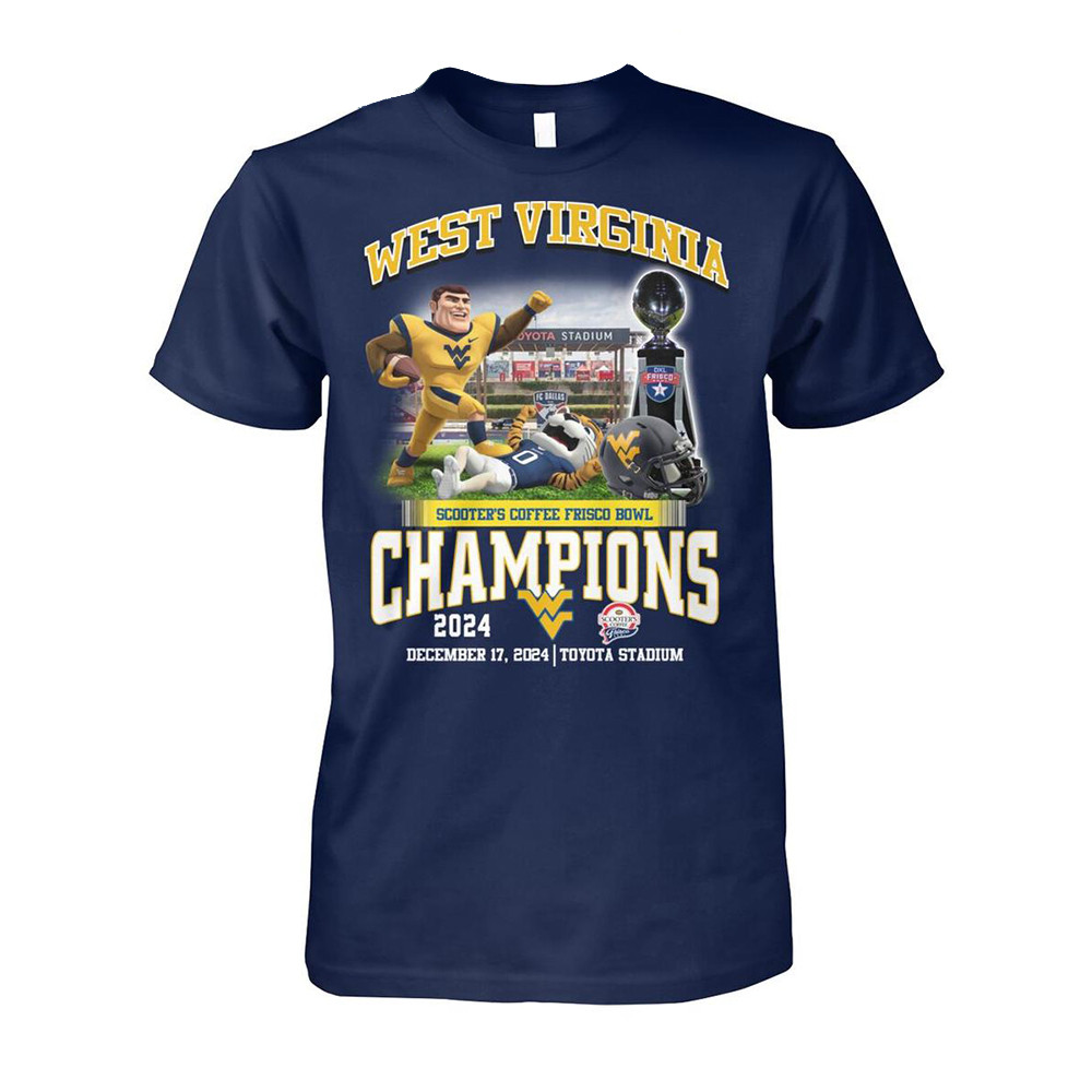 West Virginia Mountaineers Scooters Coffee Frisco Bowl Champions 2024 T-Shirt Gifts For Fans