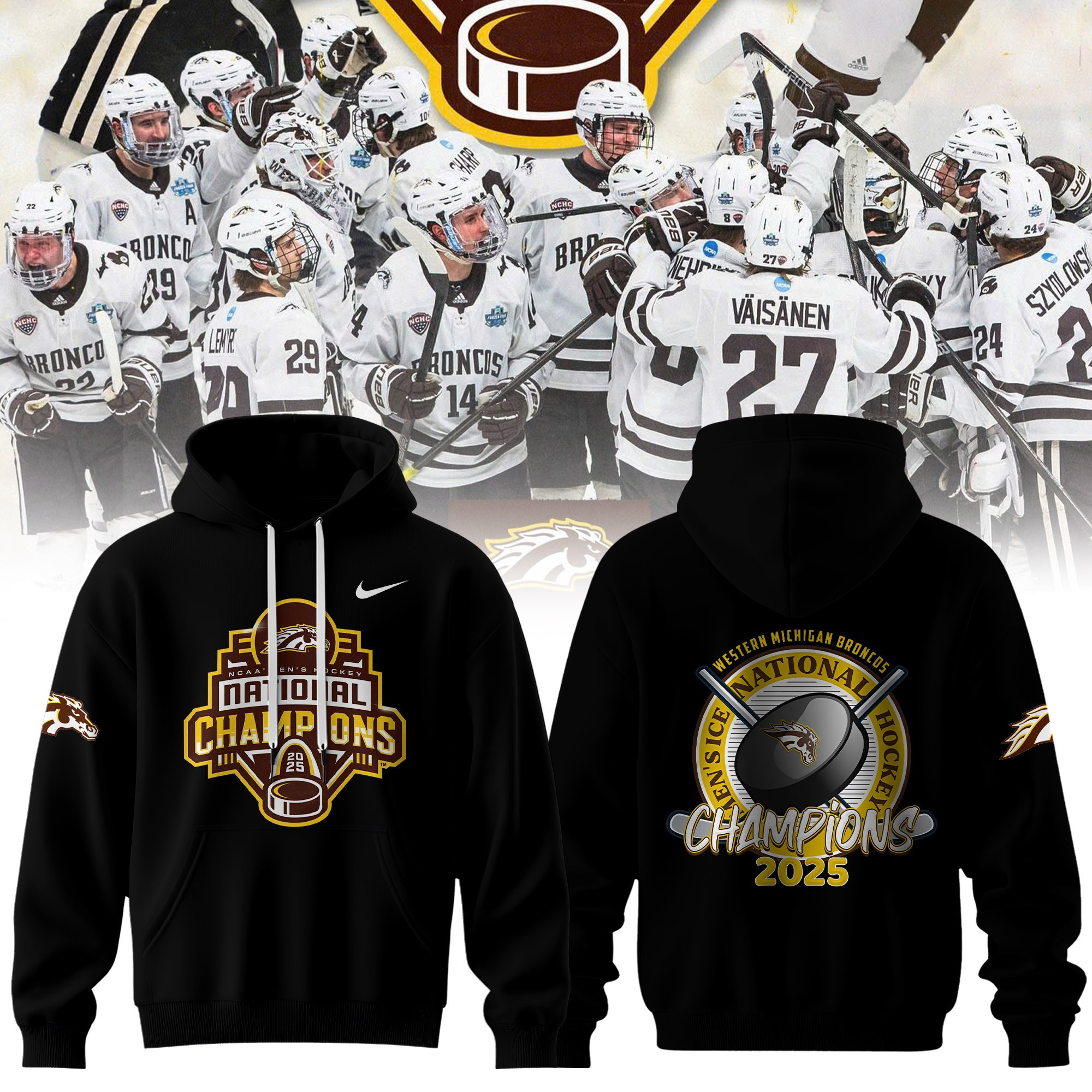 Western Michigan Broncos MenÃ¢â‚¬â„¢s Ice Hockey National Champions 2025 Hoodie Ice Hockey Fan Gifts
