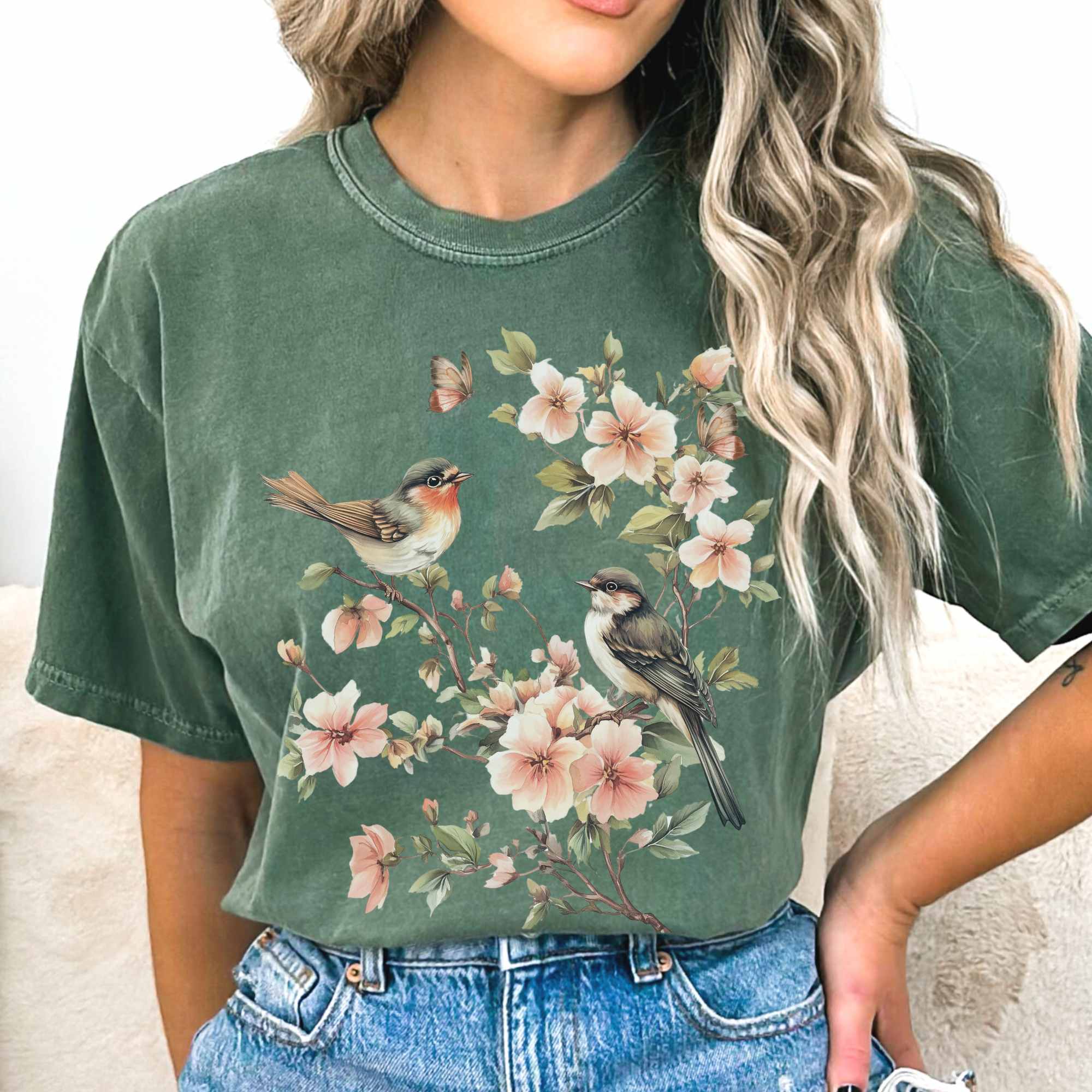 Whimsical Birds And Floral T-Shirt Cottagecore T-Shirt Best Gift For Girlfriend