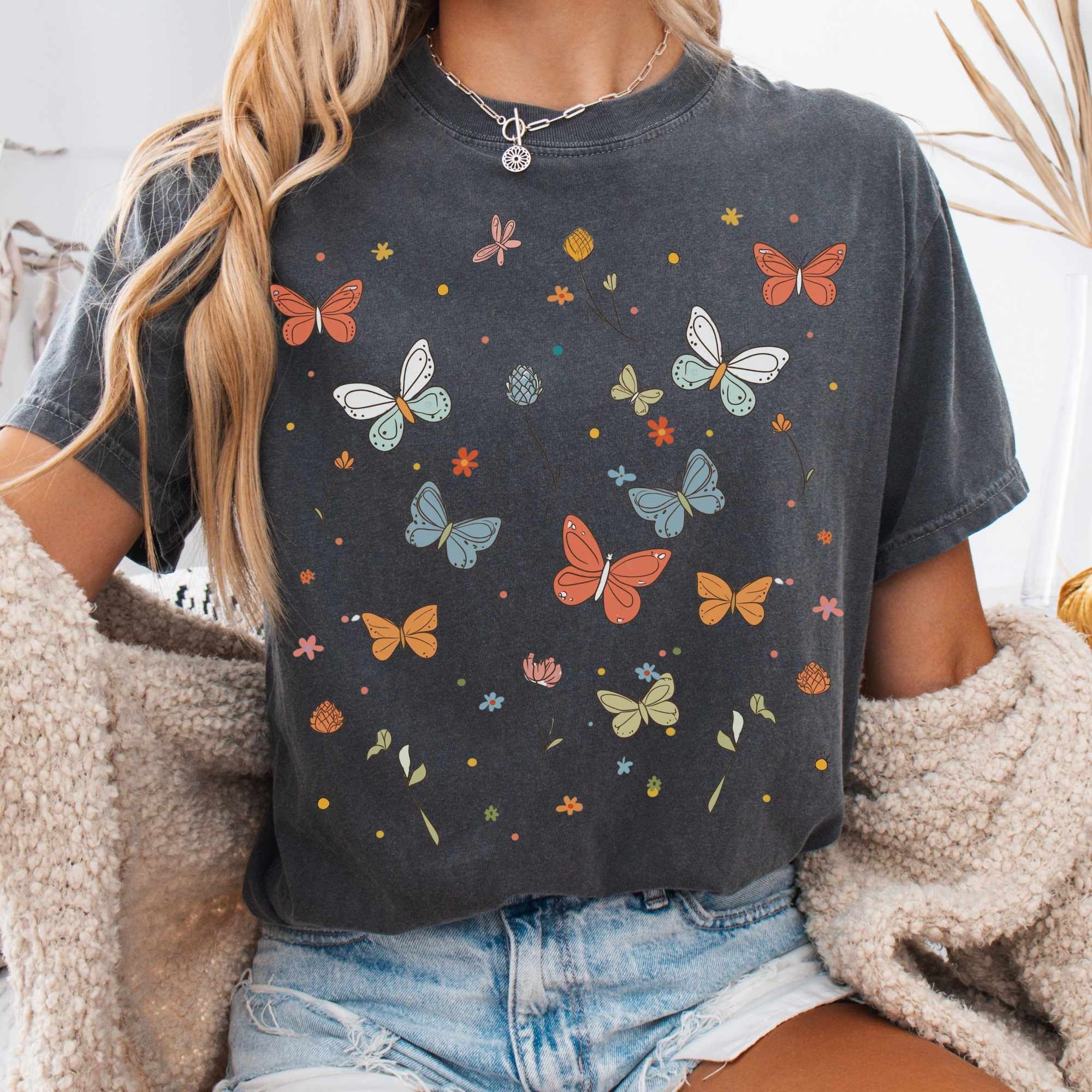 Whimsical Bright Butterflies Cottagecore T-Shirt Best Gift For Girlfriend